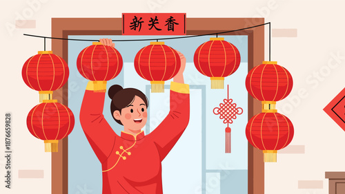 Flat vector illustration of a Chinese woman hanging red lanterns at home, festive Chinese New Year decoration activity symbolizing happiness, tradition, and seasonal celebration