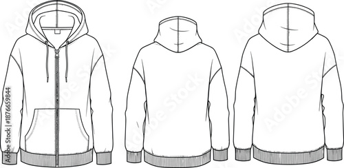 Hoodie technical fashion flat sketch, front and back view template, unisex zip up sweatshirt design, apparel vector illustration