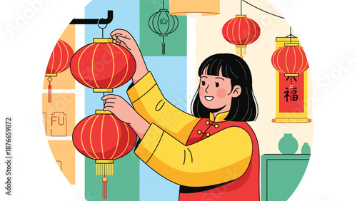 Flat vector illustration of a Chinese woman hanging red lanterns at home, festive Chinese New Year decoration activity symbolizing happiness, tradition, and seasonal celebration