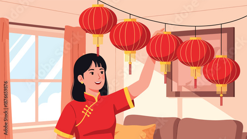 Flat vector illustration of a Chinese woman hanging red lanterns at home, festive Chinese New Year decoration activity symbolizing happiness, tradition, and seasonal celebration