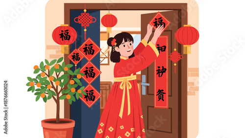 Vector illustration of a Chinese woman placing red couplets on a doorway, traditional Chinese New Year home decoration activity in clean flat vector style