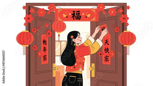 Vector illustration of a Chinese woman placing red couplets on a doorway, traditional Chinese New Year home decoration activity in clean flat vector style