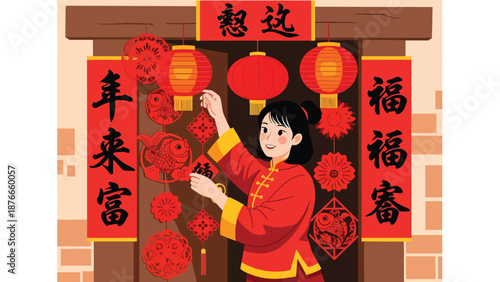 Vector illustration of a Chinese woman placing red couplets on a doorway, traditional Chinese New Year home decoration activity in clean flat vector style
