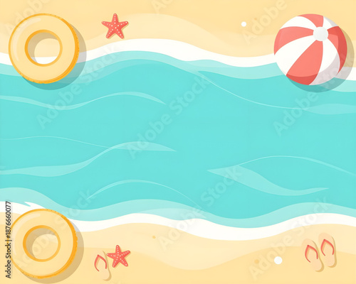 Summer beach vector background with waves and inflatable elements, summer beach background