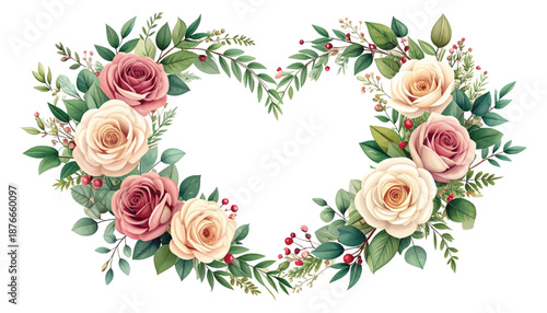 Symmetric rose heart garland, copyspace center for branding. Leafy floral vignette, wedding card illustration layout. Botanic love emblem, boutique packaging background