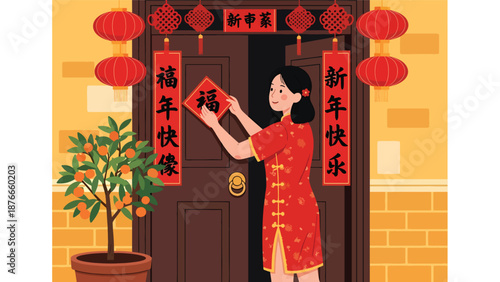Vector illustration of a Chinese woman placing red couplets on a doorway, traditional Chinese New Year home decoration activity in clean flat vector style