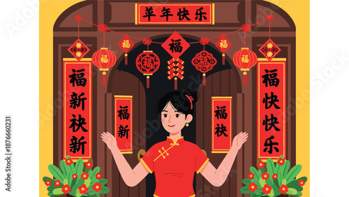 Vector illustration of a Chinese woman placing red couplets on a doorway, traditional Chinese New Year home decoration activity in clean flat vector style