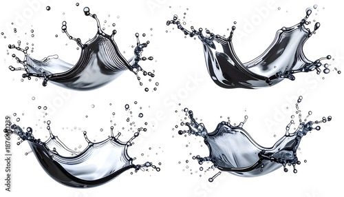 Four separate, digitally rendered water splashes on a black background, with high reflectivity