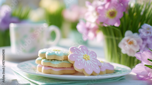 Delightful cookies on floral plate with pink and blue icing surrounded by beautiful flowers and a cup. Cookies feature vibrant colors and charming flower shapes,