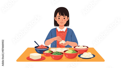 Flat vector illustration of a Chinese woman making dumplings in the kitchen, traditional Chinese New Year food preparation and family celebration concept