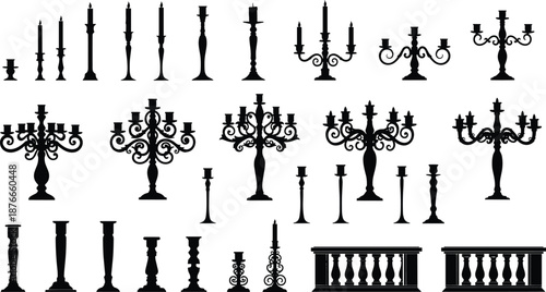 Vintage candelabra silhouettes, ornate candle holders, classic candlesticks, antique metal decor elements for interior design, gothic and elegant lighting
