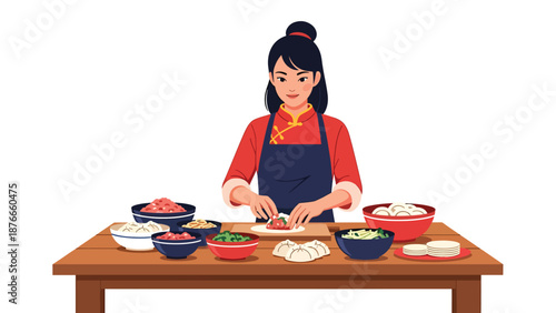 Flat vector illustration of a Chinese woman making dumplings in the kitchen, traditional Chinese New Year food preparation and family celebration concept