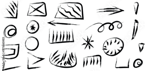 Collection of abstract symbols and shapes in black and white