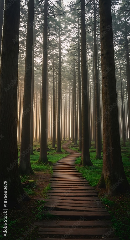 Fototapeta premium Wooden path through towering trees in a serene forest landscape nature scene