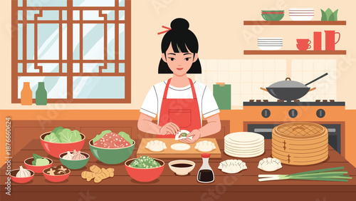 Flat vector illustration of a Chinese woman making dumplings in the kitchen, traditional Chinese New Year food preparation and family celebration concept