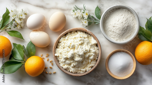 Fresh ingredients for baking with eggs, flour, and ricotta cheese surrounded by citrus fruits and blossoms. Baking includes egg whites, sugar, and ricotta in a wooden bowl,
