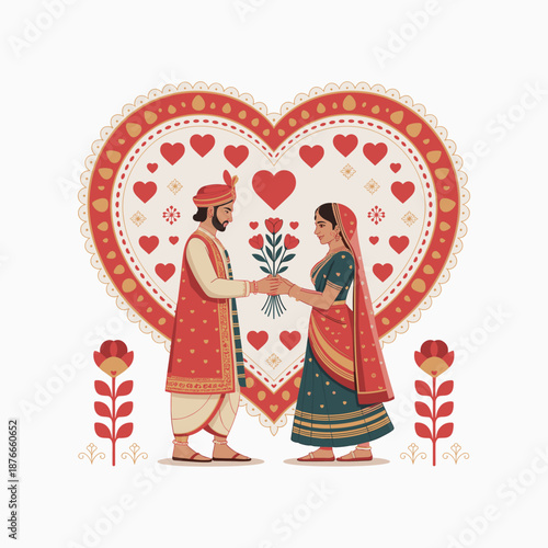 Indian Couple in Traditional Dress with Heart Frame, Valentine’s Day Love Vector Illustration