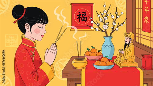 Vector illustration of a Chinese woman offering incense at a home altar, respectful Chinese New Year tradition and cultural celebration activity