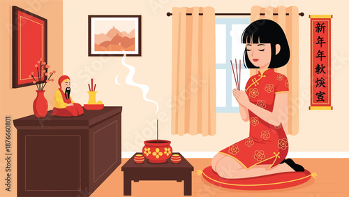 Vector illustration of a Chinese woman offering incense at a home altar, respectful Chinese New Year tradition and cultural celebration activity