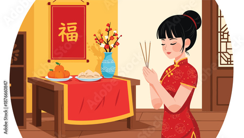 Vector illustration of a Chinese woman offering incense at a home altar, respectful Chinese New Year tradition and cultural celebration activity