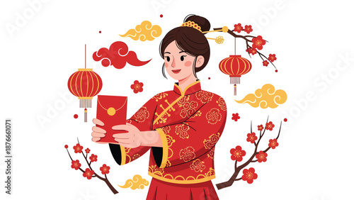 Flat vector illustration of a Chinese woman holding a red envelope, joyful Chinese New Year tradition symbolizing luck, prosperity, and celebration