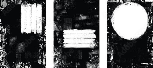 Grungy textured poster layers set. Design element for brochure, social media, posters, flyers. Overlay texture.Textured banner with Distress effect .Vector halftone dots . Screen print texture