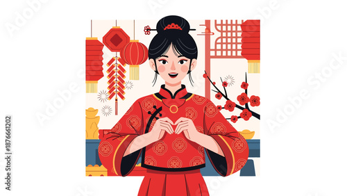 Flat vector illustration of a Chinese woman holding a red envelope, joyful Chinese New Year tradition symbolizing luck, prosperity, and celebration