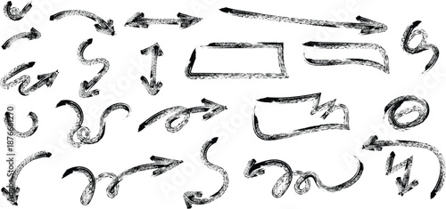 Collection of hand drawn arrows and symbols on white background
