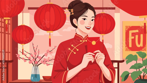 Flat vector illustration of a Chinese woman holding a red envelope, joyful Chinese New Year tradition symbolizing luck, prosperity, and celebration