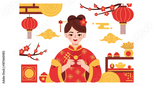 Flat vector illustration of a Chinese woman holding a red envelope, joyful Chinese New Year tradition symbolizing luck, prosperity, and celebration