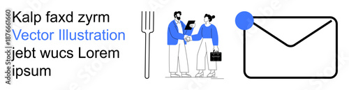 Business communication, corporate interaction, digital messaging, notifications, teamwork, networking. Two people shaking hands, envelope with notification icon. Business communication and digital