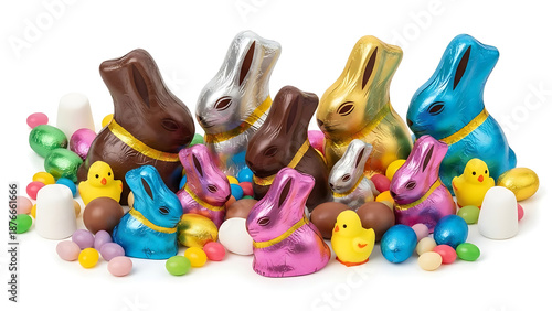 Easter Delights: A colorful assortment of chocolate bunnies and festive candies creates a delightful Easter display, embodying the sweetness and joy of the holiday.