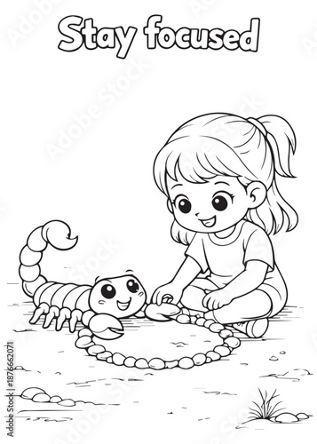 coloring book girl staying focused with cute scorpion drawing path