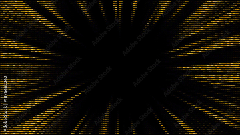 Fototapeta premium Radiant gold sunburst with halftone dots exploding outward, featuring shimmering glitter particles and luminous rays in elegant vector pattern with festive glow effect