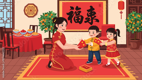 Flat vector illustration of a Chinese woman giving red envelopes to children, warm Chinese New Year family tradition and celebration concept