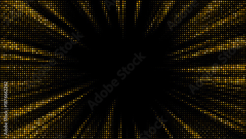 Radiant gold sunburst with halftone dots exploding outward, featuring shimmering glitter particles and luminous rays in elegant vector pattern with festive glow effect