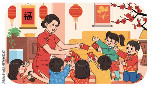 Flat vector illustration of a Chinese woman giving red envelopes to children, warm Chinese New Year family tradition and celebration concept