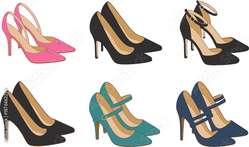 Women's high heel shoe vector set, colorful pump and stiletto icons for fashion retail and footwear design