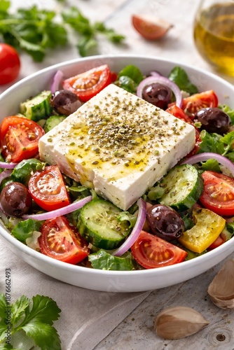 Greek salad features feta block in bowl