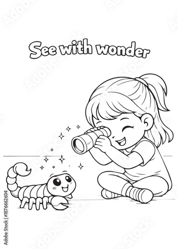coloring book girl seeing with wonder using telescope with cute scorpion