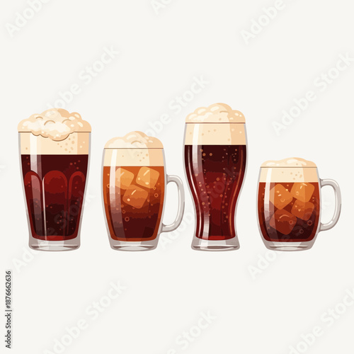 Refreshing collection of four illustrated cold dark beverages in glasses and mugs with frothy foam and ice, perfect for various drink concepts