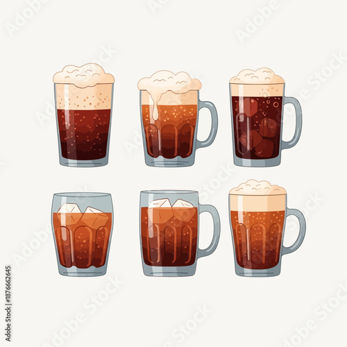 Refreshing dark beverages served in various glasses and mugs, featuring frothy foam and ice, a delightful illustration set