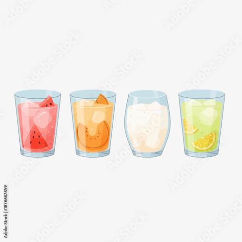 Assortment of vibrant, refreshing summer fruit cocktails and creamy beverages in glasses with ice