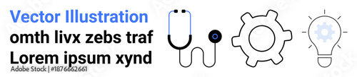 Healthcare, innovation, problem-solving, technology, diagnostics, solutions. Minimalistic icons displaying a stethoscope, gear and light bulb. Innovation and healthcare conceptualized through