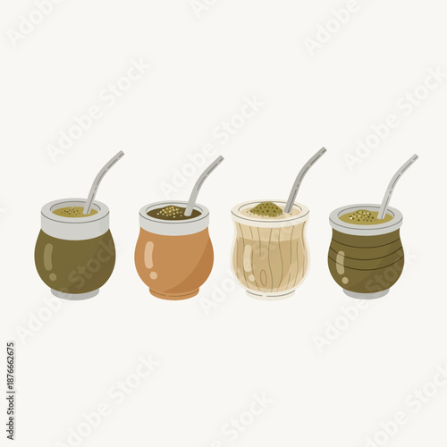 Assortment of traditional South American yerba mate drinks in various decorative gourds with bombillas, a popular herbal infusion beverage