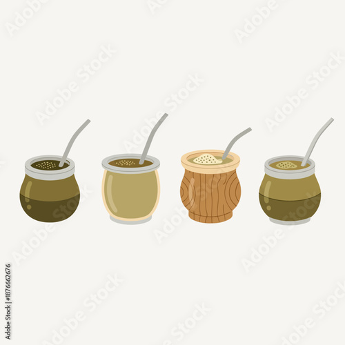A delightful collection of classic mate gourds, each featuring unique designs, filled with a stimulating herbal brew for traditional enjoyment and wellness