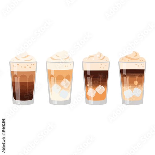 Delicious Refreshing Iced Coffee Drinks Assortment with Whipped Cream Topping in Glass Tumblers