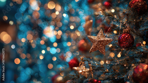 Christmas tree star ornaments garlands blue bokeh