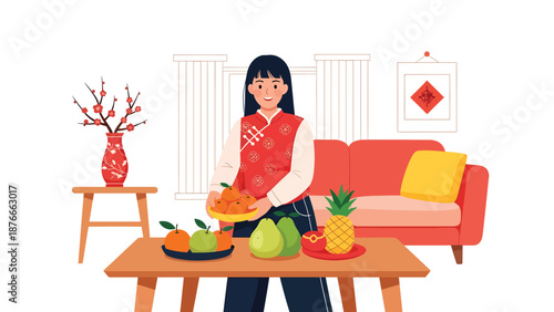 Vector illustration of a Chinese woman placing oranges and symbolic fruits on a table, Chinese New Year prosperity tradition concept