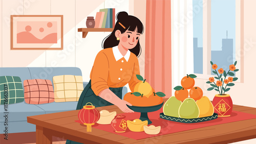Vector illustration of a Chinese woman placing oranges and symbolic fruits on a table, Chinese New Year prosperity tradition concept